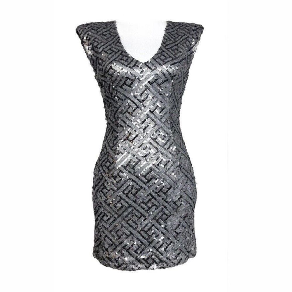 FOREVER 21 Exclusive Women's Dress Small Silver Pewter Sequin V-Neck Mini Prom